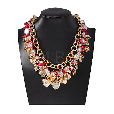 Imitation Pearl Nuggets Beaded and Printed Polyester Cord Alloy Crystal Rhinestone Heart Pendant Bib Necklaces for Women FS-WGED0B9-01-1