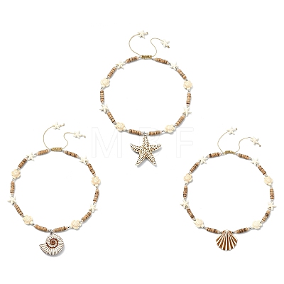 3Pcs 3 Styles Ocean Theme Spray Painted Opaque Acrylic Starfish Shell Conch Shape Pendant Synthetic Turquoise & Coconut & Electroplate Glass Braided Bead Necklaces NJEW-JN06203-1