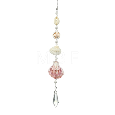 Coastal Natural Shell & Glass Cone Hanging Ornament HJEW-TA00474-1