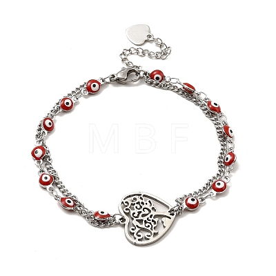 Red Enamel Evil Eye & 304 Stainless Steel Curb Chains Double Layer Multi-strand Bracelet with Charm for Women BJEW-C025-09P-1