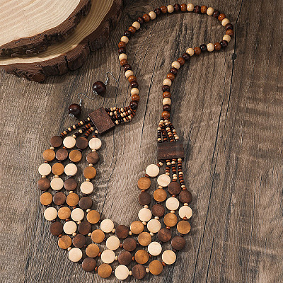 Bohemian Ethnic Style Wood Beaded Multilayer Necklaces & Dangle Earrings Sets WG82ABA-01-1