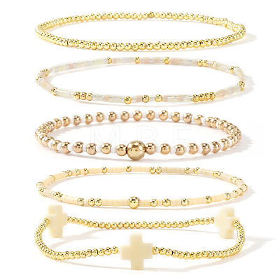 5Pcs 5 Styles Brass & Resin Beads Stretch Bracelets FP8271-4-1