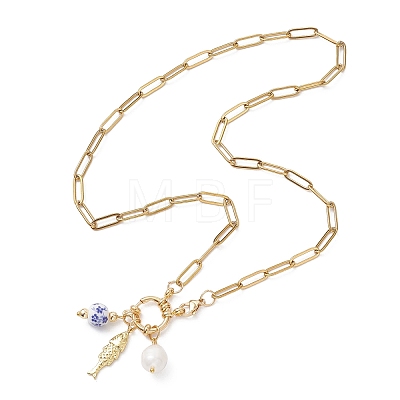 White and Blue Porcelain Round & 304 Stainless Steel Fish & Imitation Pearl Pendant Necklaces for Women NJEW-JN05650-1
