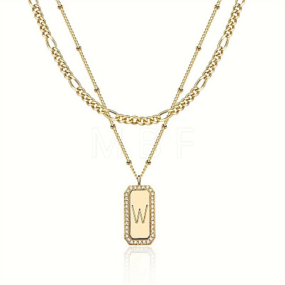 Brass Micro Pave Clear Cubic Zirconia Rectangle with Initial Pendant Double Layer Necklaces for Women FS-WG478B5-23-1