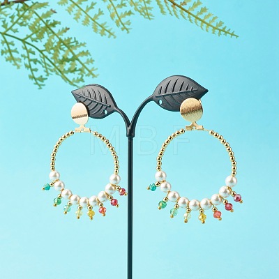 Round Shell Pearl Beads & Glass Beads Big Ring Dangle Stud Earrings X1-EJEW-TA00013-1