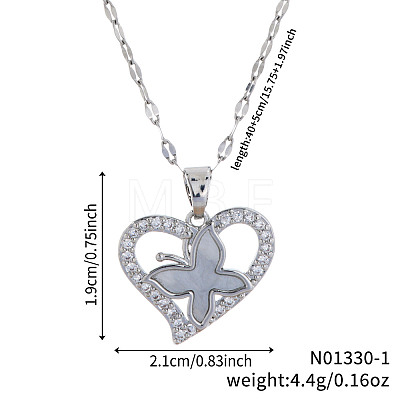 Elegant Brass Clear Cubic Zirconia Hollow Design Butterfly Heart Pendant Necklaces for Women XC3583-1