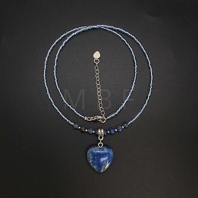 Natural Gemstone Heart Pendant Colorful Glass Seed Beads Beaded Necklaces for Women VA8487-6-1