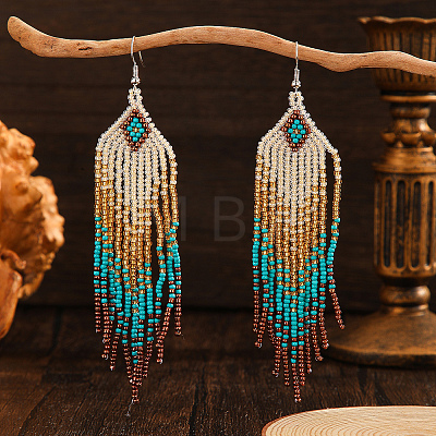 Handmade Glass Seed Beads Rhombus Tassel Dangle Earrings NB4453-1
