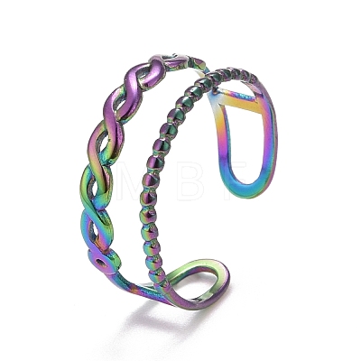 Rainbow Color Ion Plating(IP) 304 Stainless Steel Double Line Open Cuff Ring for Women RJEW-A005-28MC-1