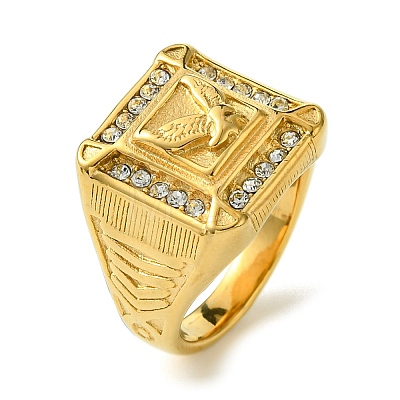 Square with Bird 304 Stainless Steel Rhinestone Signet Rings RJEW-Q815-04G-M-1