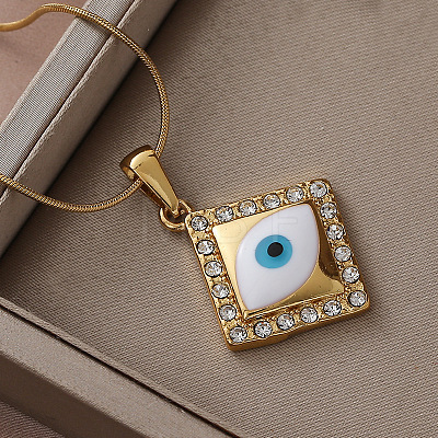Trendy Cartoon 304 Stainless Steel Enamel White Evil Eye Rhombus Pendant Necklaces for Women MQ6271-1