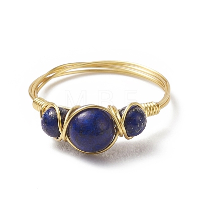 Natural Lapis Lazuli Round Braided Beaded Finger Ring RJEW-JR00550-03-1