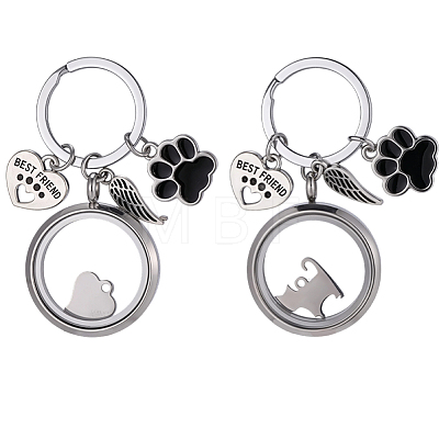 2Pcs 2 Styles 304 Stainless Steel & Glass & Alloy Enamel & 201 Stainless Steel Locket Pendant Keychains KEYC-DR00025-1