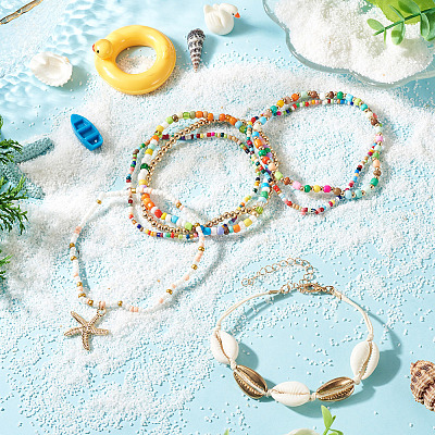 2 Bags Summer Beach Glass Seed Beaded & Natural Shell & Alloy Starfish Charm Anklet Sets AJEW-TA0003-69A-1