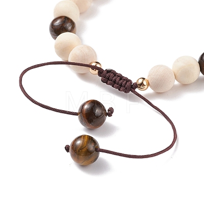 Natural Wood  & Imperial Jasper(Dyed) & Tiger Eye Braided Beaded Bracelet BJEW-JB08210-1