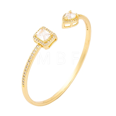Rectangle & Teardrop Brass Pave Clear Cubic Zirconia Open Cuff Bangles with Glass for Women BJEW-S147-28B-G-1