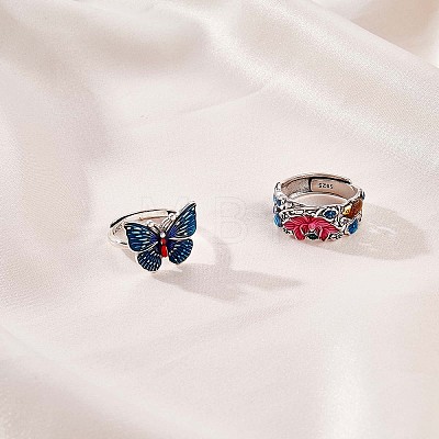 Rhodium Plated 925 Sterling Silver Koi Fish with Lotus Adjustable Ring with Enamel for Women JR930A-1