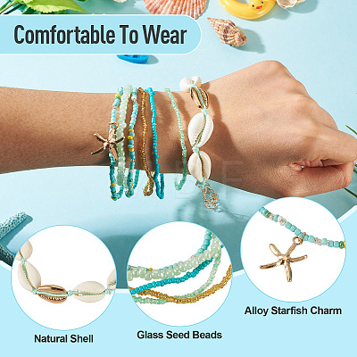 2 Bags Summer Beach Glass Seed Beaded & Natural Shell & Alloy Starfish Charm Anklet Sets AJEW-TA0003-69G-1