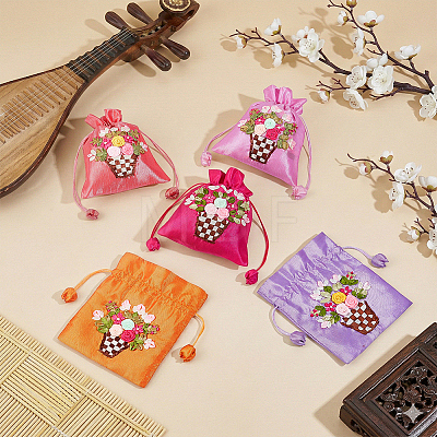 5Pcs 5 Colors 3D Floral Embroidery Polyester Drawstring Bags ABAG-PH0001-89-1