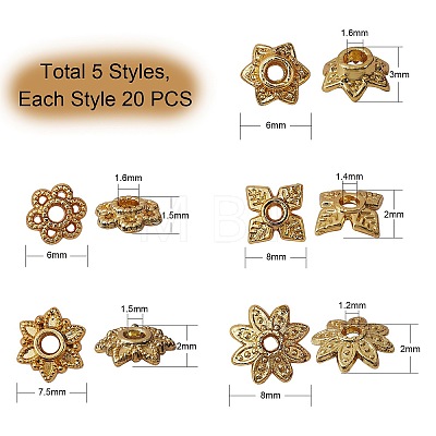 100Pcs 5 Styles Multi-Petal Alloy Bead Caps PALLOY-SZ0001-32-1