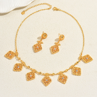 Vintage Ethnic Style Alloy Zircon Hollow Floral Filigree Charm Necklace & Stud Earring Sets for Women JI8843-1