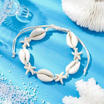 Natural Shell & Synthetic Turquoise Starfish Braided Bead Bracelets BJEW-JB10081-1