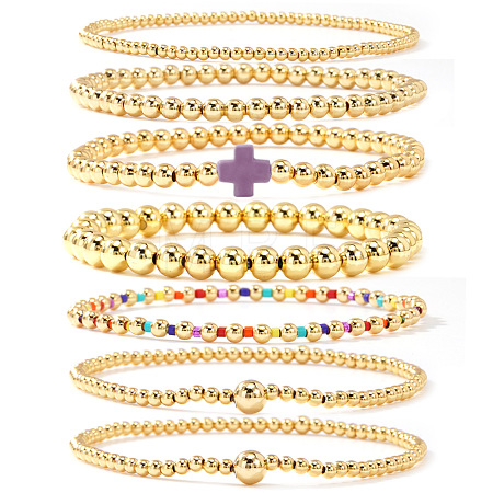 7Pcs Brass Round Beaded Bracelets for Women SB9067-10-1