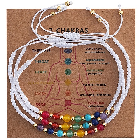 3Pcs Adjustable Chakra Natural & Synthetic Mixed Stone Round Bead Braided Bracelet Sets ZZ4943-6-1