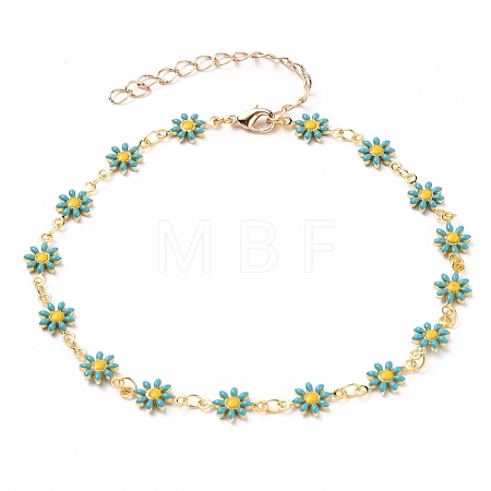 Golden Brass Flower Enamel Links Anklets AJEW-AN00333-02-1