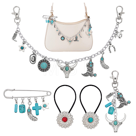 Cowboy Theme Alloy & Synthetic Turquoise & Aluminum Cable Chains Jewelry Sets HJEW-PH02504-1