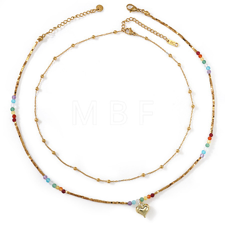 Rainbow Glass & Natural Stone & Brass Beaded Stainless Steel Chain Double Layer Necklaces with Heart Pendant for Beach Vacation Accessories TH6527-1-1