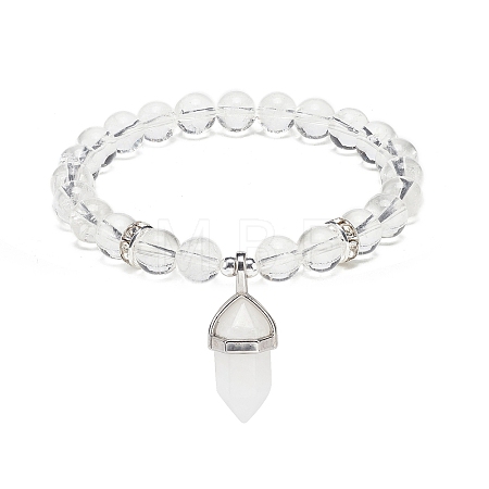 Natural Quartz Crystal Round Beaded Stretch Bracelet with Bullet Charms BJEW-JB09018-03-1
