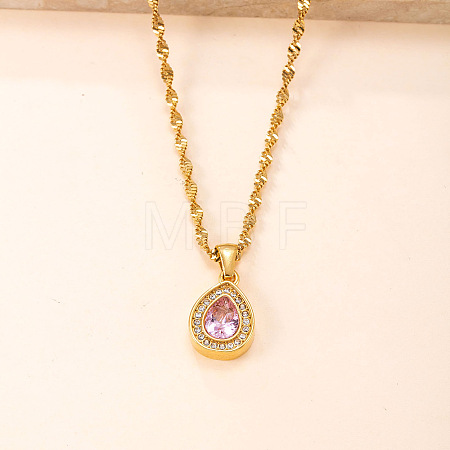 304 Stainless Steel Rhinestone Teardrop Pendant Necklaces for Women WG28393-01-1
