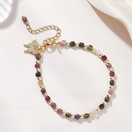 Electroplate Non-magnetic Synthetic Hematite & Natural Multicolor Tourmaline Cube Beaded Bracelets for Women BJEW-JB13122-1