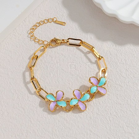 304 Stainless Steel Enamel Flower Link Bracelets for Women BJEW-Z160-02G-01-1