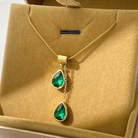 Brass Rhinestone Teardrop Pendant 304 Stainless Steel Round Snake Chain Necklaces for Women WGE9B5A-03-1