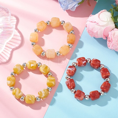 3Pcs Two Tone Acrylic & CCB Plastic Cuboid Beaded Stretch Bracelets for Women BJEW-JB13302-01-1