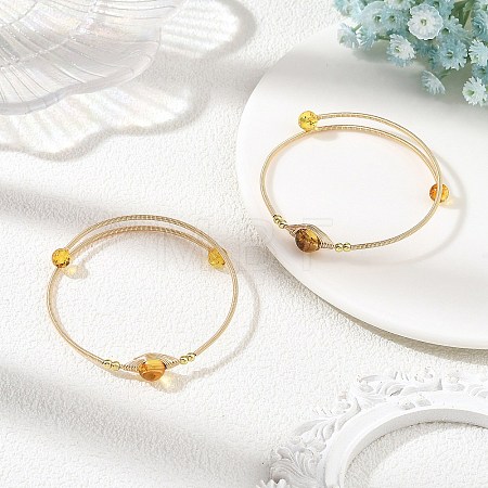 Round Natural Amber Herringbone Wire-Wrapped Cuff Bangles BJEW-JB14498-1