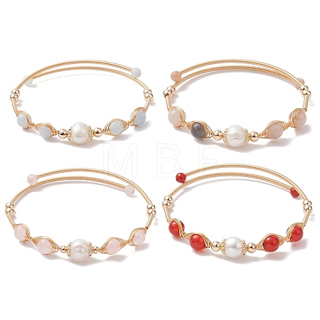 Natural Mixed Stone Round Beaded Cuff Bangle BJEW-JB10113-1