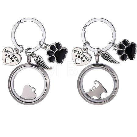 2Pcs 2 Styles 304 Stainless Steel & Glass & Alloy Enamel & 201 Stainless Steel Locket Pendant Keychains KEYC-DR00025-1