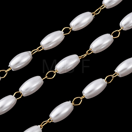 304 Stainless Steel & ABS Plastic Pearl Barrel Bead Cable Chains CHS-G048-06G-1