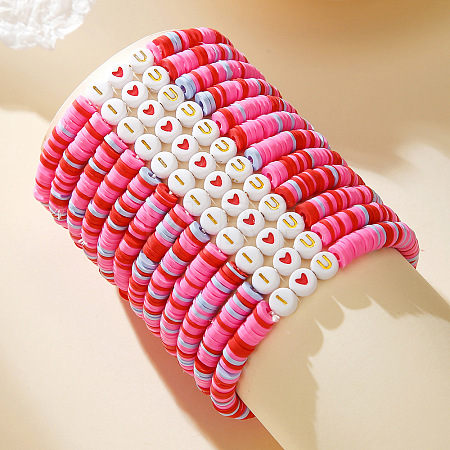 12Pcs Valentine's Day Polymer Clay & Acrylic Beaded Stretch Bracelets Set for Women FS-WG6B295-06-1