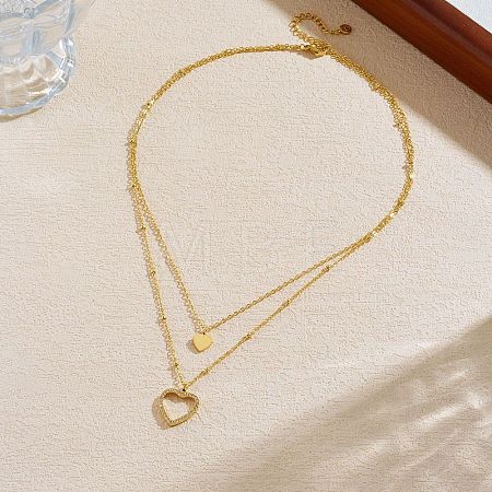 304 Stainless Steel Crystal Rhinestone Heart Pendant Double Layer Necklaces for Women NJEW-P357-03G-1