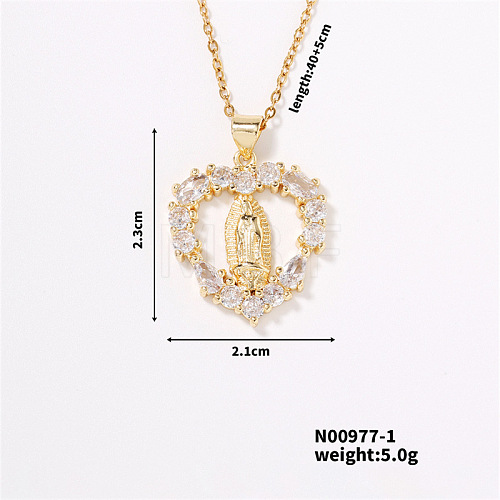 Heart Virgin Mary Brass Sparkling Crystal Rhinestone Pendant Necklaces for Women FU1707-1