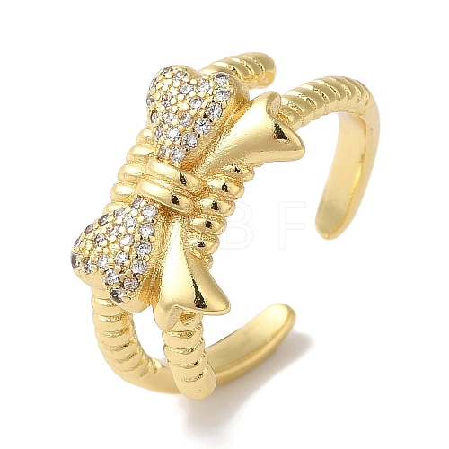 Bowknot Brass Micro Pave Clear Cubic Zirconia Open Cuff Rings for Women RJEW-C098-02G-1