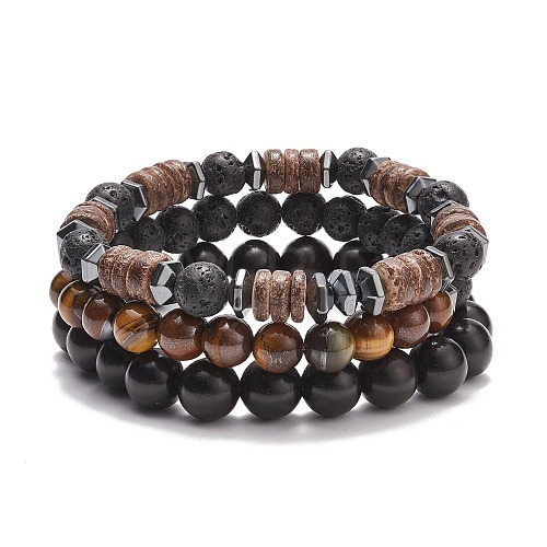 3Pcs 3 Style Natural & Synthetic Mixed Stone Stretch Bracelets Set with Wood Beaded for Women BJEW-JB08358-1