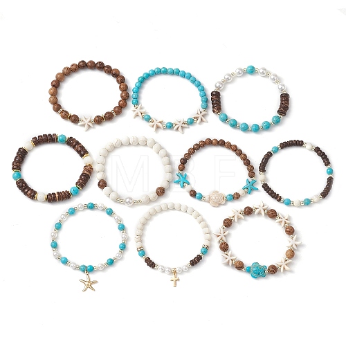 10Pcs 10 Styles Synthetic Turquoise & Coconut & Wood Beaded Stretch Bracelet Sets BJEW-JB10719-1