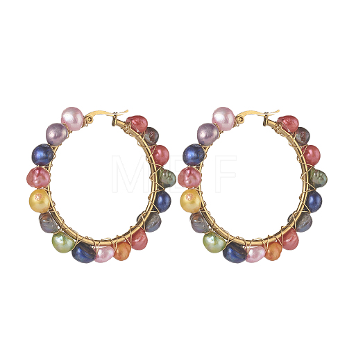 Natural Pearl Beaded Hoop Earrings EJEW-JE04586-1