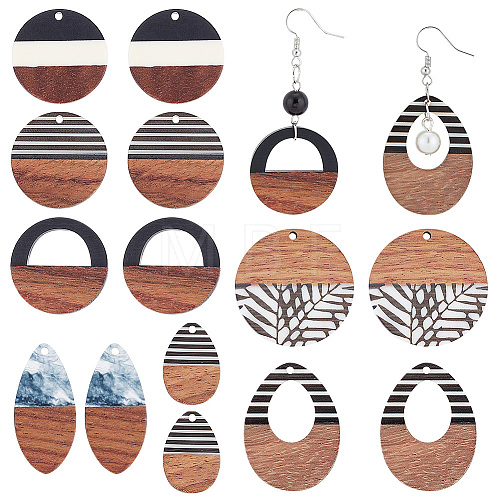   14Pcs 7 Styles Opaque Resin & Walnut Wood Pendants RESI-PH0001-99-1