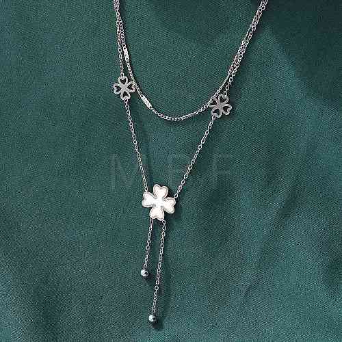 304 Stainless Steel Shell Pearl Clover Pendant Double Layered Necklaces for Women NJEW-U036-01P-1